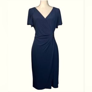 American Living navy stretch wrap draped dress, embellished v-neck. Size 10